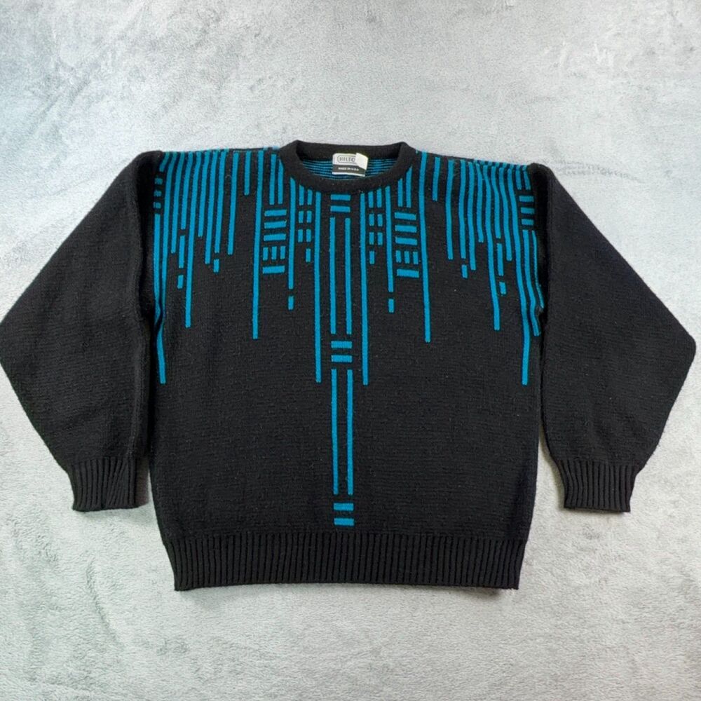Vintage Hilton Sweater Mens XL Black Turquoise Geometric Knit Made in USA 90s